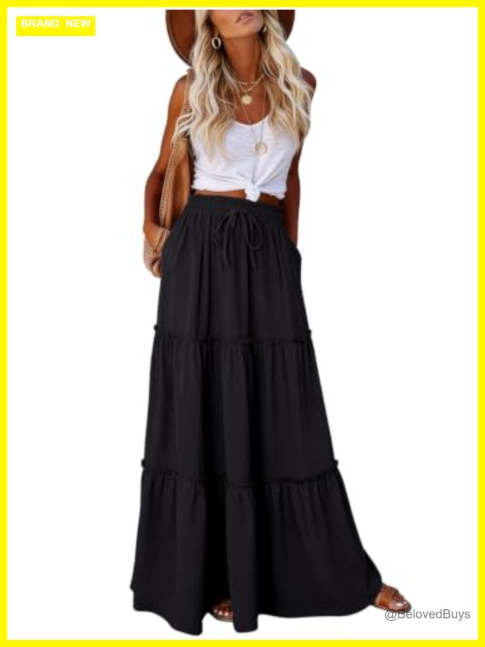 Maxi Skirt High Elastic Waist Tie Tiered Ruffled Long with Pockets